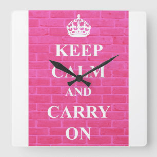 ピンクのKeep Calm & Carry On スクエア壁時計
