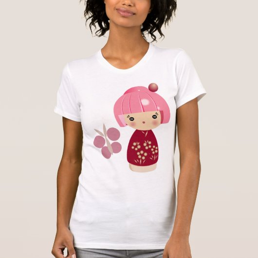 ピンクのKokeshiの三重項のティー Tシャツ (正面)