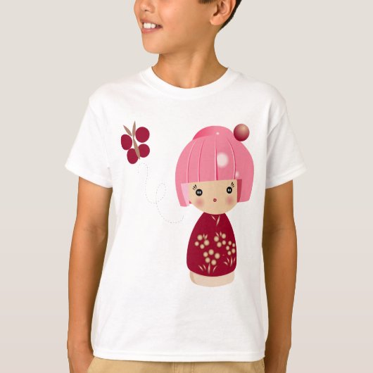 ピンクのKokeshiの三重項の子供のティー Tシャツ (正面)