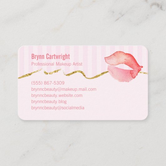 ピンクのLipglossおよびストライプな化粧の名刺 名刺 (裏面)
