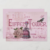 ピンクのMarieアントワネットのヴィンテージのパリのお茶会 招待状 (正面/裏面)