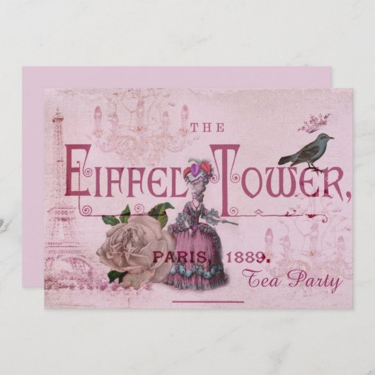ピンクのMarieアントワネットのヴィンテージのパリのお茶会 招待状 (正面/裏面)