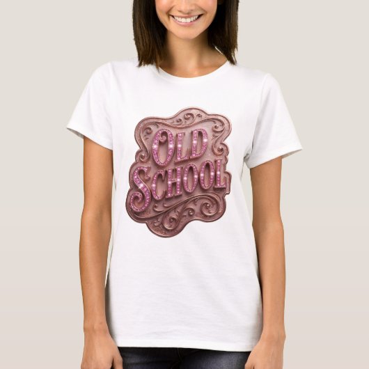 ピンクのOLD SCHOOL大胆デザイン Tシャツ (正面)