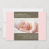ピンクのPinstripes写真の誕生のお知らせ 案内状 (正面)