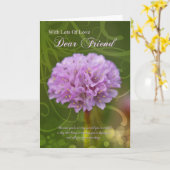 ピンクのpomのpomの花が付いている友人のバースデー・カード カード (黄色い花)