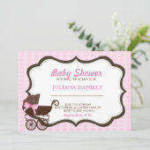 ピンクのPramベビーシャワー招待状 招待状 (スタンド正面)