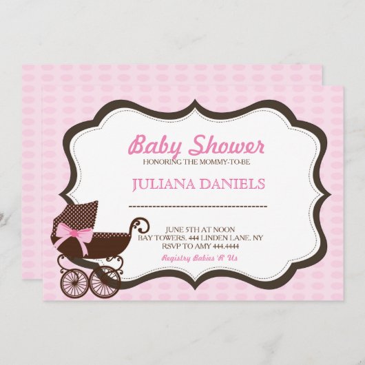 ピンクのPramベビーシャワー招待状 招待状 (正面/裏面)