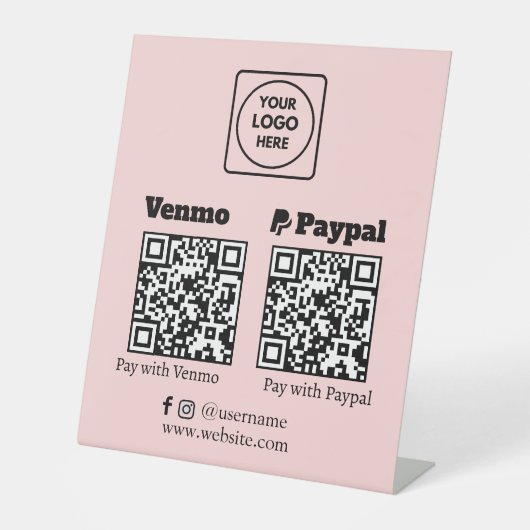 ピンクのQRコード|Venmo PayPal スキャンして支払うロゴ 台座サイン (正面)