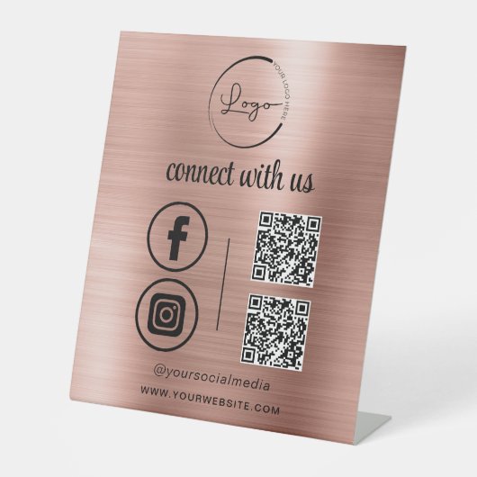 ピンクのQR Connect With Usビジネスロゴソーシャルメディア 台座サイン (正面)