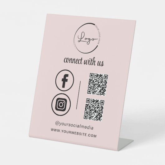 ピンクのQR Connect With Usビジネスロゴソーシャルメディア 台座サイン (正面)