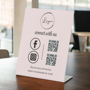 ピンクのQR Connect With Usビジネスロゴソーシャルメディア 台座サイン