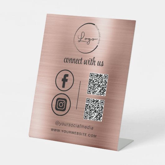 ピンクのQR Connect With Usビジネスロゴソーシャルメディア 台座サイン (正面)
