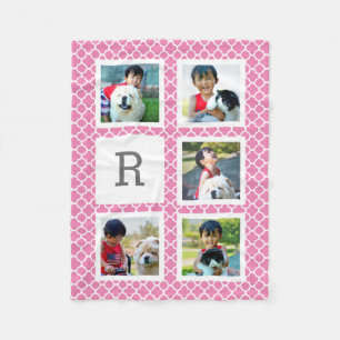 ピンクのQuatrefoiのパーソナライズな写真のコラージュのモノグラム フリースブランケット