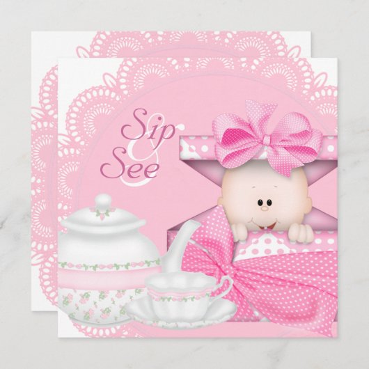 ピンクのsipと参照ベビーガールシャワー 招待状 (正面/裏面)