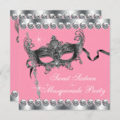 ピンクのSweet sixteenマスカレードパーティの招待状 招待状 (正面/裏面)