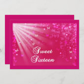 ピンクのSweet sixteen蝶と星 招待状 (正面/裏面)