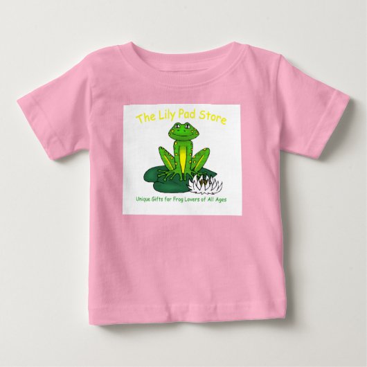 ピンクのTシャツに白でカエルとスイレン ベビーTシャツ (正面)