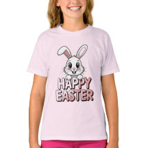 ピンクのTシャツ イースターの幸せな白いうさぎ