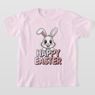 ピンクのTシャツ イースターの幸せな白いうさぎ Tシャツ