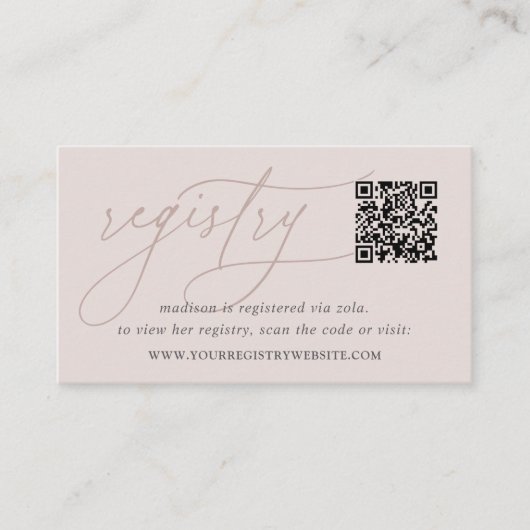 ピンクのTaupeスクリプトブライダルまたはベビーシャワー登録 エンクロージャーカード (正面)