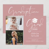 ピンクのThen And Now 2写真 卒業パーティー 招待状 (正面/裏面)