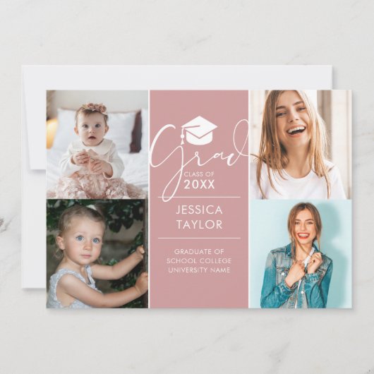 ピンクのThen And Now 4枚の写真を使った卒業パーティー 招待状 (正面)