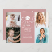 ピンクのThen And Now 4枚の写真を使った卒業パーティー 招待状 (正面/裏面)