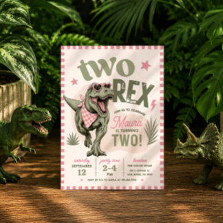 ピンクのTwo Rex 2歳の誕生日招待状 招待状