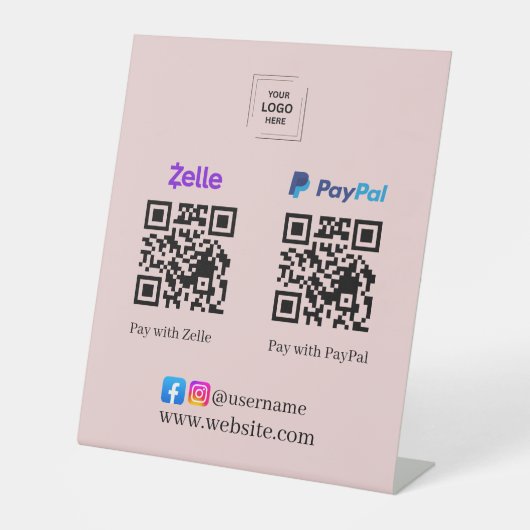 ピンクのZelle PayPal QRコードスキャン決済スタンド 台座サイン (正面)