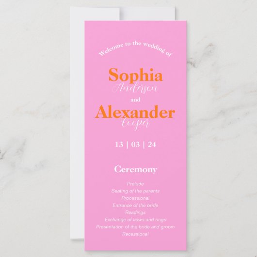 ピンクはっきりしたとオレンジのカラフル結婚式 プログラム (正面)