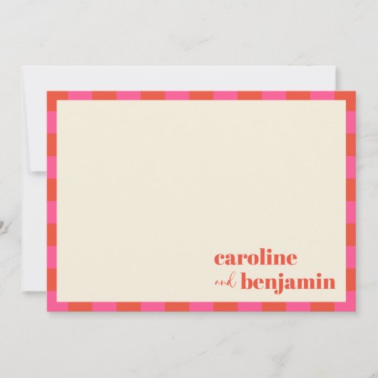 ピンクはっきりしたとオレンジのチェッカーボードのカスタムウェディング サンキューカード (正面)