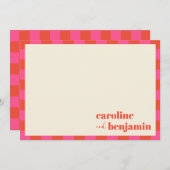 ピンクはっきりしたとオレンジのチェッカーボードのカスタムウェディング サンキューカード (正面/裏面)