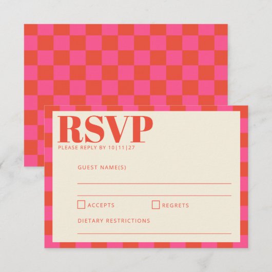 ピンクはっきりしたとオレンジのチェッカーボードパター結婚ン 出欠カード (正面/裏面)
