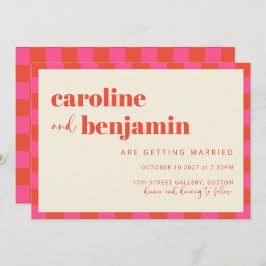 ピンクはっきりしたとオレンジのチェッカーボードパター結婚ン 招待状 (正面/裏面)