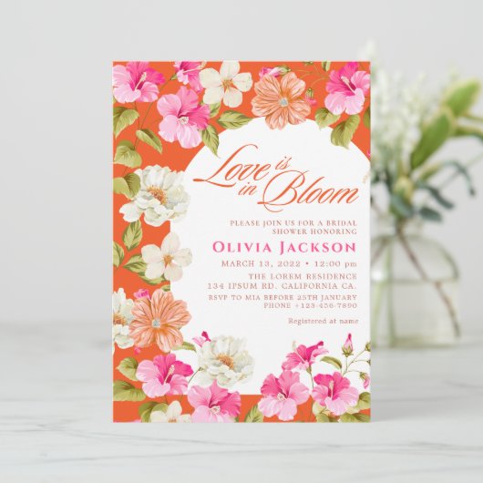 ピンクはっきりしたとオレンジのフローラ鮮やかブライダルシャワー 招待状 (スタンド正面)
