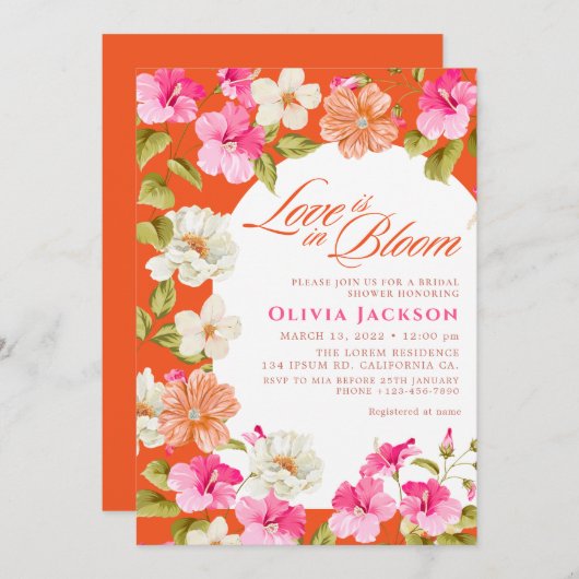 ピンクはっきりしたとオレンジのフローラ鮮やかブライダルシャワー 招待状 (正面/裏面)