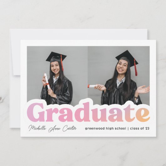 ピンクはっきりしたとオレンジの卒業写真 案内状 (正面)