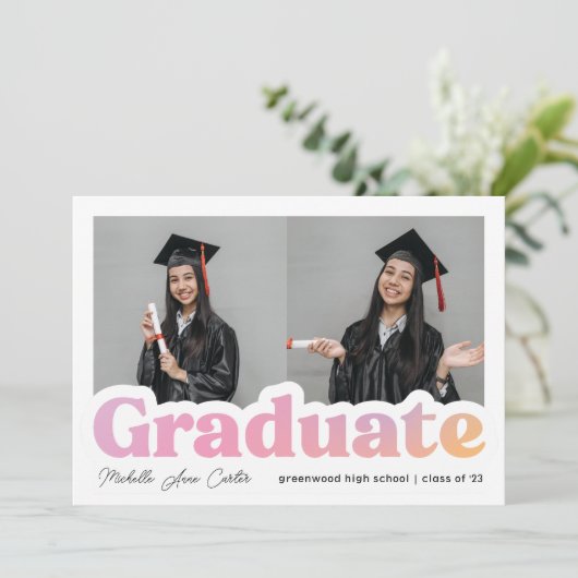 ピンクはっきりしたとオレンジの卒業写真 案内状 (スタンド正面)