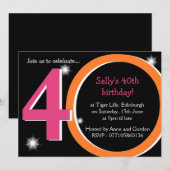 ピンクはっきりしたとオレンジの40歳の誕生日パーティー 招待状 (正面/裏面)