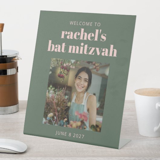 ピンクはっきりしたとグリーンのバルミツワーフォトウェルカム 台座サイン (インサイチュ)