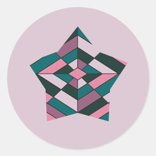 ピンクはっきりしたとティール（緑がかった色）のダイヤモンドのステンドグラスの星 ラウンドシール (正面)