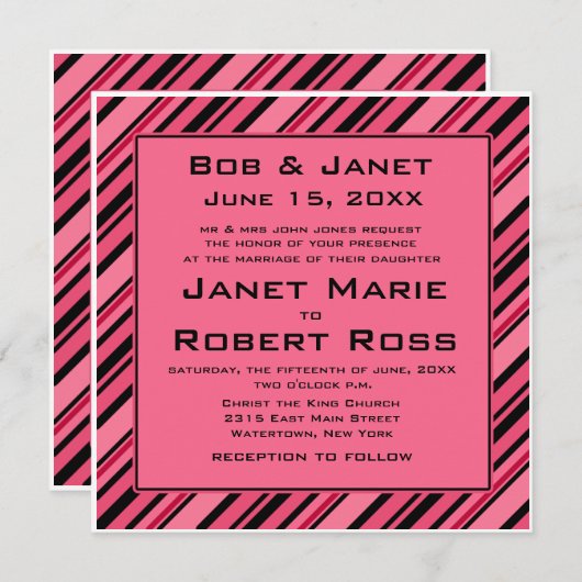 ピンクはっきりしたとブラックのストライプの招待状 招待状 (正面/裏面)
