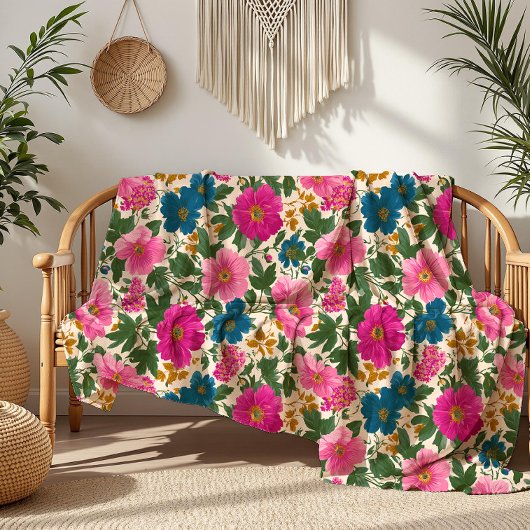 ピンクはっきりしたとブルーのフローラオンクリームフリースブランケット フリースブランケット