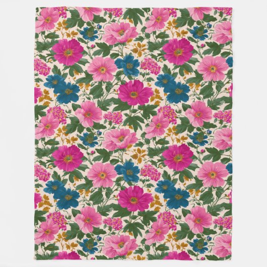 ピンクはっきりしたとブルーのフローラオンクリームフリースブランケット フリースブランケット (正面)