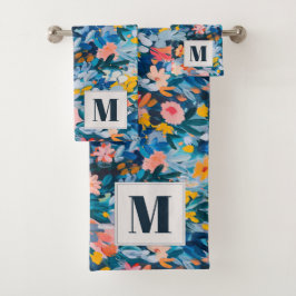 ピンクはっきりしたとブルーの抽象芸術フローラモノグラムの バスタオルセット