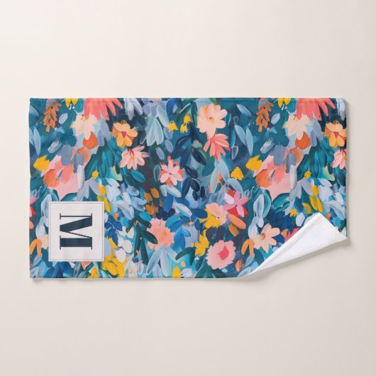 ピンクはっきりしたとブルーの抽象芸術フローラモノグラムの バスタオルセット (ハンドタオル)