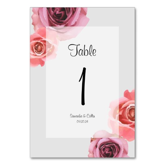 ピンクはっきりしたと紫の春バラ テーブルナンバー (正面)