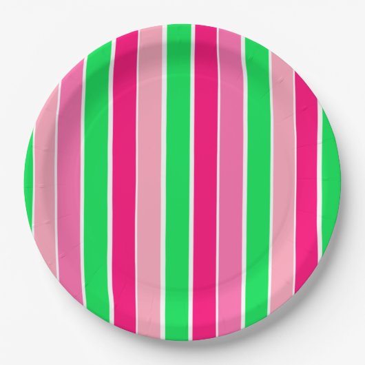 ピンクはっきりしたと緑のストライプ ペーパープレート (正面)
