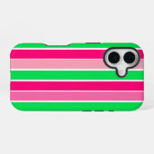 ピンクはっきりしたと緑のストライプ iPhone 16ケース (裏面横)