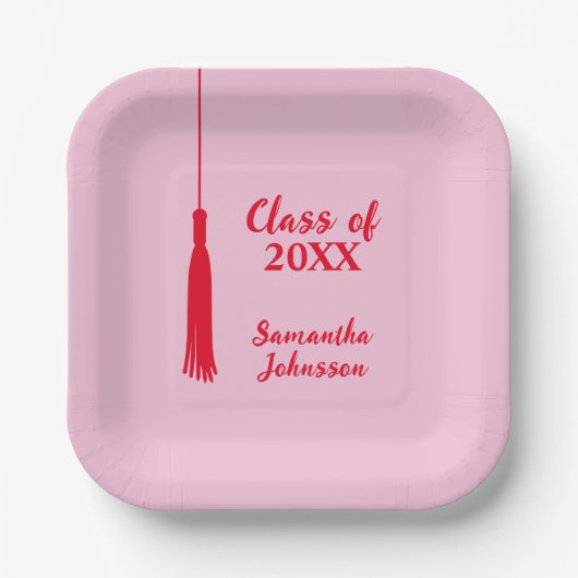 ピンクはっきりしたと赤のタッセルパーソナライズされた卒業 ペーパープレート (正面)